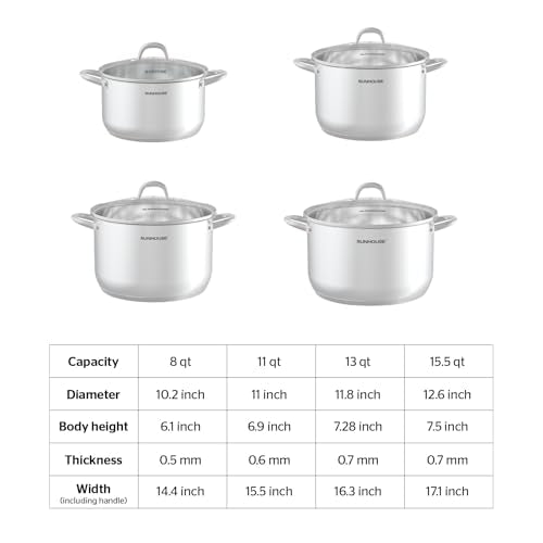 Sunhouse 8 Quart Stock Pot with Lid - 3-Ply Base Stainless Steel Cooking Pot - 8 QT Canning Dutch Oven Stock Pots - Oven Safe & Induction Cookware