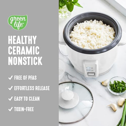 GreenLife Rice Cooker with Removable PFAS-Free Ceramic Nonstick Pot, 3-Cups Uncooked/6-Cups Cooked, Grains & Oatmeal Multicooker, Compact One-Switch Design, Auto Keep Warm, Easy Clean, White