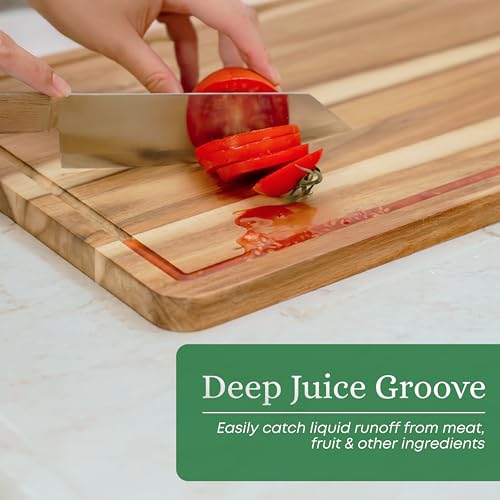 VieWood Acacia Wood Cutting Board Set of 3 for Kitchen, Serving, Charcuterie and Food Prep, Pre-Oiled Wooden Boards with Juice Groove (17x12, 12x10, 12x7 Inch)