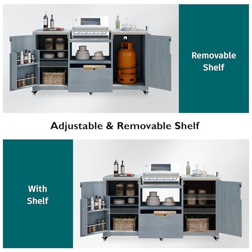 66.5" Outdoor Grill Cart with Storage, Movable Outdoor Kitchen Island with Stainless Steel Top & Wheels, Solid Wood BBQ Tables with Drawer/S-Hook/Bottle Opener for Outside Patio (Grey+Blue)