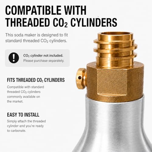 ABUKE Aluminum Sparkling Water Maker with Lever Handle, Metal Body & Nozzle, Compatible with Threaded CO2 Cylinders, Automatic Pressure Release, BPA-Free PET Bottle, 2-Year Warranty