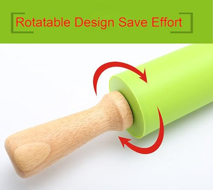 Silicone Rolling Pin, Green 9 Inch Pin with Wooden Rotatable Handle for Dough of Baking Bread, Cookie, Pizza (green, 9 inch)