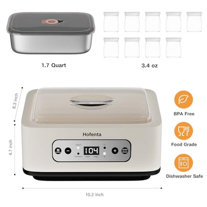 Hofenta 1.7 Quart Yogurt Maker with Stainless Steel Bowl, 9 Glass Jars, Digital Timer, Temperature Control, BPA-Free, Easy-to-Use, Family-Sized for Homemade Probiotic Yogurt, Dishwasher Safe