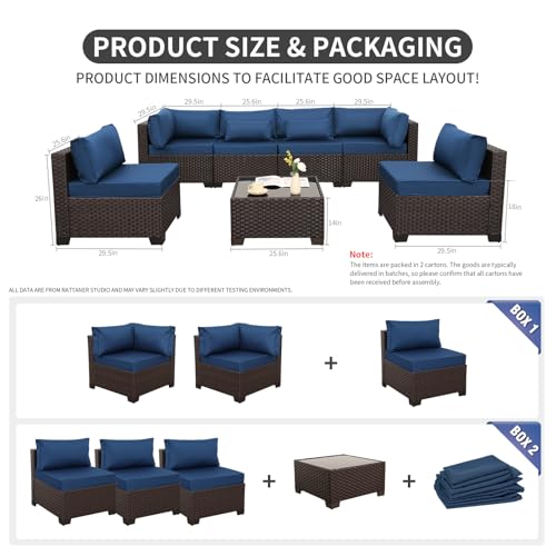 Rattaner Outdoor Sectional Sofa Set 7 Pieces Wicker Patio Furniture Couch Glass Table with Non-Slip Cushions Furniture Cover, Navy Blue