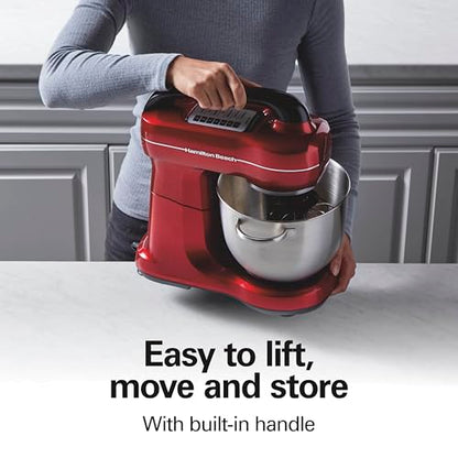 Hamilton Beach Electric Stand Mixer, 4 Quarts, Dough Hook, Flat Beater Attachments, Splash Guard, 7 Speeds with Whisk, Easy-Carry Top Handle, Red