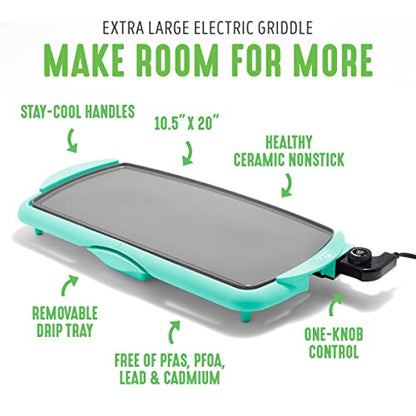 GreenLife 20” Extra Large Electric Griddle, Non-Toxic PFAS & PFOA-Free Ceramic Nonstick, Temperature Control, Quick Even Heating, Removable Drip Tray, Pancakes, Eggs, Sausage, Easy Clean, Turquoise