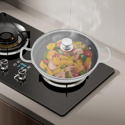 Wtobybt 36cm/14in Stainless Steel Pan with Lid, Double-Handled Frying Pan Hybird Induction Cooking Pans Round Wok for Induction Cookers Electric Ceramic Stoves Electric Stoves