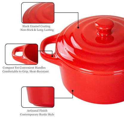 Mini Cocotte Set of 4, 15 oz Ceramic Mini Dutch Ovens with Lids and Handles, Small Casserole Dishes for Baking, Soufflé and Baked Desserts, Oven Microwave Dishwasher Safe, Red
