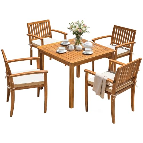 Devoko 5 Pieces Patio Table and Chairs Set Acacia Wood Outdoor Furniture