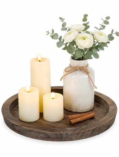 Hanobe Candle Plate Holder Tray: Round Wood Decorative Candle Plate - Rustic Farmhouse CoffeeTable Decor - Tealight Pillar Trays for Home Decor (Distressed)