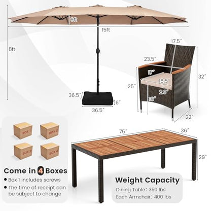 Tangkula 11 Piece Rattan Outdoor Dining Set with 15Ft Patio Umbrella for 8, Outdoor Wicker Table Set with 8 Cushioned Armchairs, Acacia Wood Top, Outdoor Umbrella with Base Included