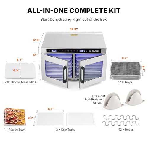 WILPREP Dual-Zone Food Dehydrator for Jerky, 12-Tray, 13 sq ft Food Dryer with Independent Control & 86–185°F Temp Range, Stainless Steel Dehydrator for Homemade Jerky Fruit Herbs Snacks