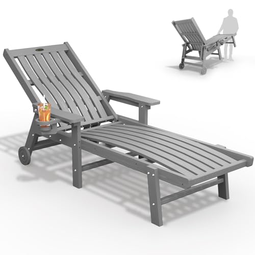 THOEOE Patio Chaise Lounge Chair, Lounge Chair Outdoor with 5 Positions, HDPE, Patio Lounge Chair with Wheels & Cup Holder for Pool, Deck, Poolside,Grey