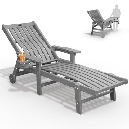 THOEOE Patio Chaise Lounge Chair, Lounge Chair Outdoor with 5 Positions, HDPE, Patio Lounge Chair with Wheels & Cup Holder for Pool, Deck, Poolside,Grey