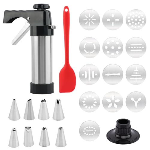 Stainless Steel Cookie Press for Baking,Cookie Maker,Cookie Press Gun Kit with 13 Cookie Discs and 8 Piping Tips for DIY Cake Maker Decorating Baking Supplies