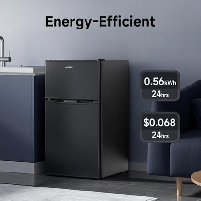 BANGSON 3.2 CU.FT Mini Fridge with Freezer Bedroom, 2 Door Office Small Refrigerator, Quiet Compact Fridge for Home, Dorm, Apartment, Garage, RV, Adjustable Thermostat, Low Noise, Black