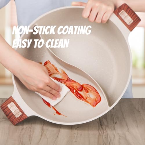 Kerykwan 7-QT Shabu Shabu Hot Pot with Divider Double Flavor Divided Stockpot with Glass Lid Dual Sided Soup Cookware for Induction Cooktop Gas Stove Hot Burner
