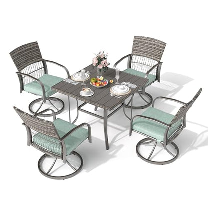 Pamapic 5-Piece Outdoor Dining Set with Swivel Chairs, Rattan Patio Furniture for Backyard, Deck, Garden, Weather-Resistant Iron Slats Table & 4 Chairs with Removable Cushions (Green)