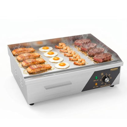 Bonnlo 22 Inch 1600W Commercial Electric Griddle with Stainless Steel Countertop, Half Flat Griddle, 122-572℉ Adjustable Temp Control of Flat Top Grill for Steak and Egg, Home & Restaurant, Plug