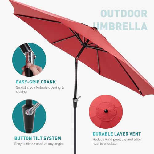 OLIXIS 9ft Patio Umbrella with Tilt and Crank Button & 8 Sturdy Ribs Waterproof, 9 feet Patio Table Umbrella Perfect for Poolside, Terrace, Beach and Outdoor Restaurant, Red