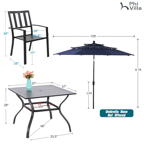 PHI VILLA 5 Piece Outdoor Dining Set with 10ft Umbrella, 37" Square Metal Dining Table & 4 Stacking Metal Chair with 3 Tier Navy Umbrella for Patio, Deck, Yard, Porch