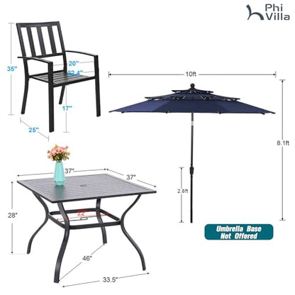 PHI VILLA 5 Piece Outdoor Dining Set with 10ft Umbrella, 37" Square Metal Dining Table & 4 Stacking Metal Chair with 3 Tier Navy Umbrella for Patio, Deck, Yard, Porch