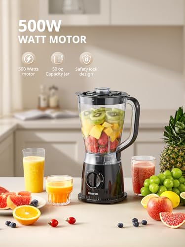 Reemix Blender, 50oz Countertop Blender - 2 Adjustable Speeds + Pulse, Dual Safety Locks, Dishwasher-Safe Pitcher for Smoothies, Crushing Ice & Family Meals