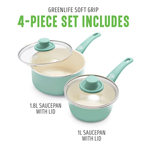 GreenLife Soft Grip 1QT and 2QT Saucepan Set, Healthy Ceramic Nonstick, Non Toxic PFAS & PFOA-Free, Dishwasher Safe, Glass Lids, Stay-Cool Handles, Easy Clean Cookware, Kitchen Essentials, Turquoise