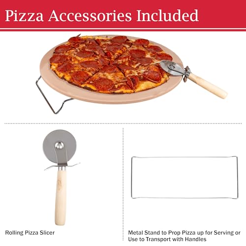 Pizza Stone - 15-Inch Pizza Stone for Oven or Grill with Cutter and Metal Serving Rack/Handles - Oven Accessories by Classic Cuisine