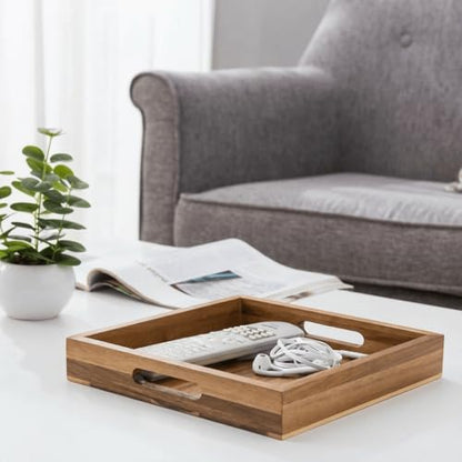 YOUEON Set of 2 Acacia Wood Serving Tray with Handles, 10x10x2 Inch Decorative Serving Trays for Food, Ottoman Tray, Square Coffee Table Trays for Dinner, Coffee, Wine, Appetizer