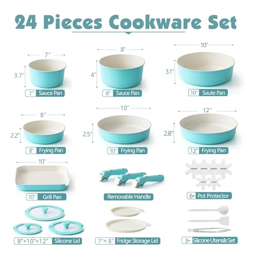 SENSARTE 24 Piece Ceramic Pots and Pans Set, Nonstick Detachable Handle Cookware, Induction Cookware Set with Removable Handle, Healthy Non Stick for RV, Dishwasher＆Oven Safe, PFOA Free (Turquoise)