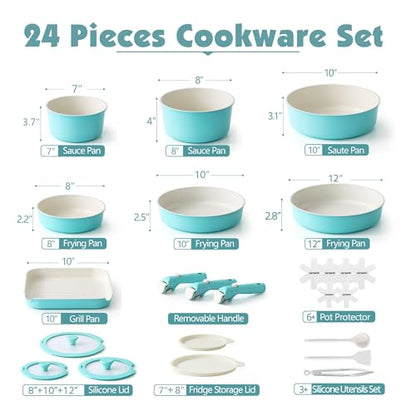 SENSARTE 24 Piece Ceramic Pots and Pans Set, Nonstick Detachable Handle Cookware, Induction Cookware Set with Removable Handle, Healthy Non Stick for RV, Dishwasher＆Oven Safe, PFOA Free (Turquoise)
