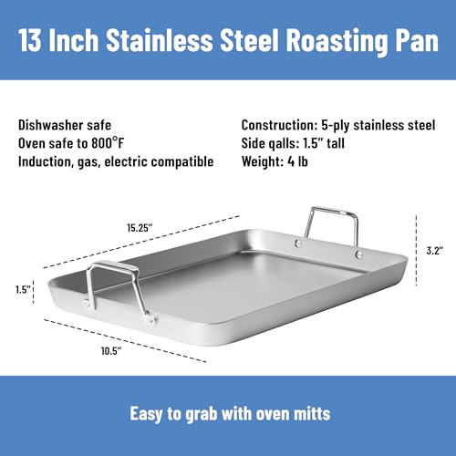Misen Stainless Steel Roasting Pan with Handles - Versatile 5-Ply Design, Easy Grip Handles, Multi-Functional Cooking, Ideal for Baking, Searing, & Roasting, Superior Heat Conduction, Premium - 13"