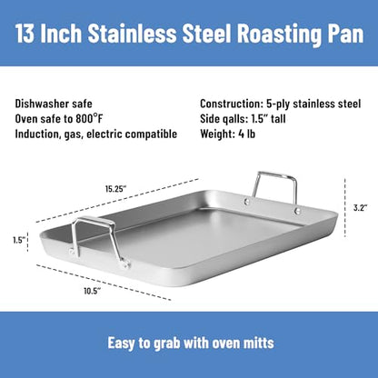 Misen Stainless Steel Roasting Pan with Handles - Versatile 5-Ply Design, Easy Grip Handles, Multi-Functional Cooking, Ideal for Baking, Searing, & Roasting, Superior Heat Conduction, Premium - 13"