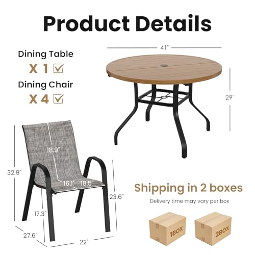 Soohow Patio Dining Set for 4, 5-piece Outdoor Dining Set 4 x Stackable Patio Chairs & 1 x Wood-Like Round Table with Umbrella Hole, All-Weather Outdoor Table and Chairs for Backyard, Balcony, Porch