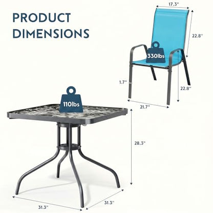 Arlopu 5 Pieces Outdoor Patio Dining Set, Glass Table and Textilene Chair