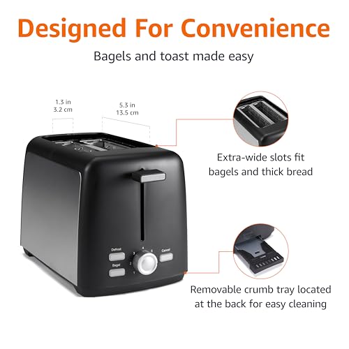 Amazon Basics 2 Slice Toaster, Extra Wide Slots for Bagels and Specialty Breads, 7 Browning Levels, Removable Crumb Tray, Defrost/Cancel/Bagel Buttons, 800W, Black & Silver