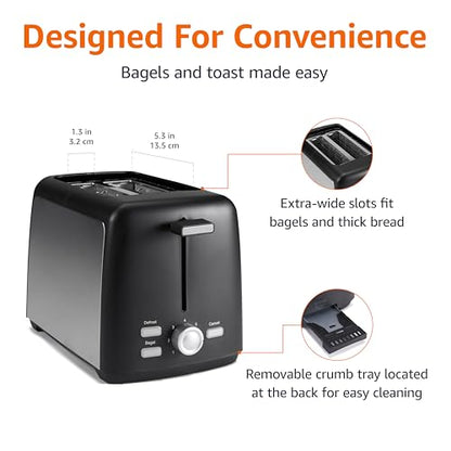 Amazon Basics 2 Slice Toaster, Extra Wide Slots for Bagels and Specialty Breads, 7 Browning Levels, Removable Crumb Tray, Defrost/Cancel/Bagel Buttons, 800W, Black & Silver