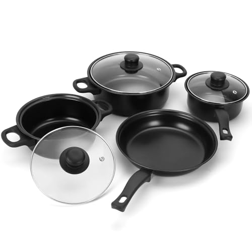 13 Piece Non-Stick Cookware Set, Portable Lightweight Cast Iron Pots and Pans with Glass Lids and Nylon Utensils for Outdoor Camping Picnic Travel Cookware