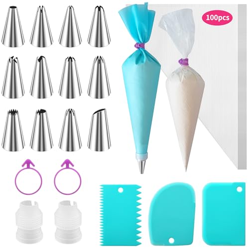ALLTOP Piping Bags and Tips Set -Ultimate Cake Decorating Supplies Kit - Included 100 Disposable Pastry Bags, 1 Reusable Silicone Bag, 2 Couplers, 12 Frosting Tips, 2 Ties, 3 Icing Scrapers for Baking