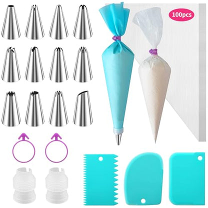 ALLTOP Piping Bags and Tips Set -Ultimate Cake Decorating Supplies Kit - Included 100 Disposable Pastry Bags, 1 Reusable Silicone Bag, 2 Couplers, 12 Frosting Tips, 2 Ties, 3 Icing Scrapers for Baking