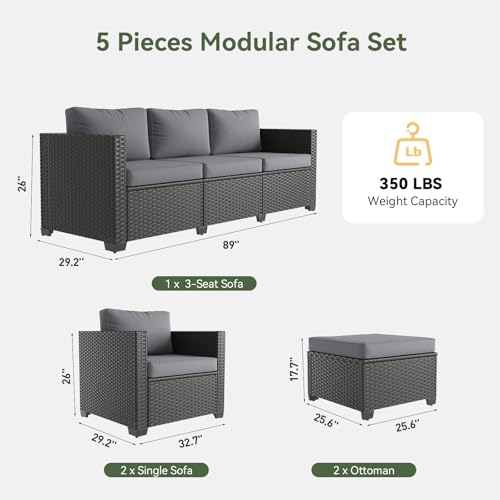 Aoxun Patio Furniture Set, 5 Piece Outdoor Sectional Sofa with Ottomans, Wicker Outdoor Furniture Conversation Sets with Waterproof Cover for Deck Backyard Grey