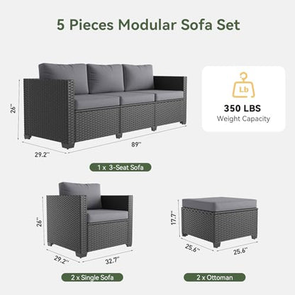 Aoxun Patio Furniture Set, 5 Piece Outdoor Sectional Sofa with Ottomans, Wicker Outdoor Furniture Conversation Sets with Waterproof Cover for Deck Backyard Grey