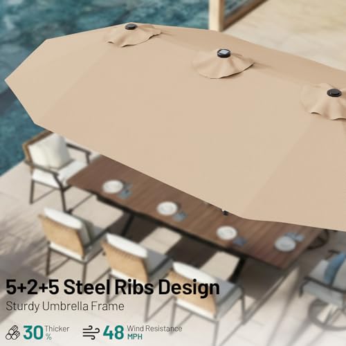 AreShark 15FT Patio Umbrella with Solar Lights, Double Sided Outdoor Table Umbrellas with Crank, Large Rectangular Market Umbrella for Porch, Lawn, Pool, Backyard, Beige
