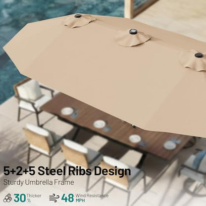 AreShark 15FT Patio Umbrella with Solar Lights, Double Sided Outdoor Table Umbrellas with Crank, Large Rectangular Market Umbrella for Porch, Lawn, Pool, Backyard, Beige