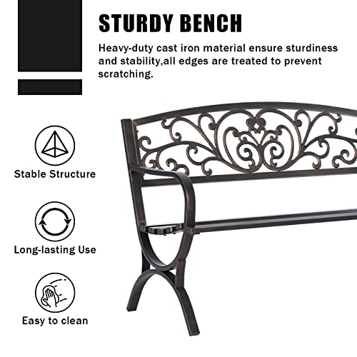 MFSTUDIO 50 Inches Outdoor Garden Bench, Cast Iron Metal Frame Patio Park Bench with Floral Pattern Backrest, Arch Legs for Porch, Lawn, Yard-Bronze
