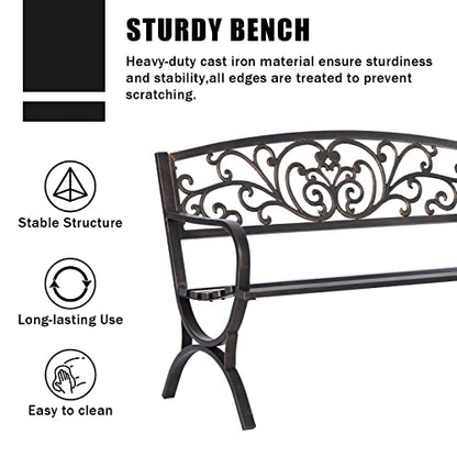 MFSTUDIO 50 Inches Outdoor Garden Bench, Cast Iron Metal Frame Patio Park Bench with Floral Pattern Backrest, Arch Legs for Porch, Lawn, Yard-Bronze