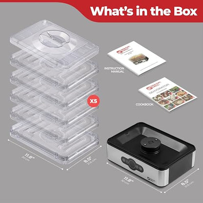Magic Mill Food Dehydrator Machine | 5 Stackable Stainless Steel Trays, 48H Digital Adjustable Timer & Temperature Control Upto 167° Electric Dryer & Preserver for Jerky, Fruit, Dog Treats & Much More