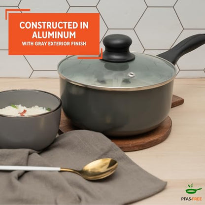 IMUSA Gray Ceramic Saucepan 1.5 Qt with Glass Lid, Nonstick with Cool-Touch Handle, Small Pot for Sauces, Soups, Stews and More