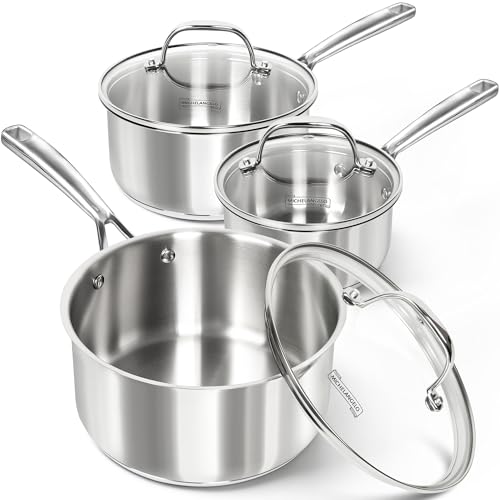 MICHELANGELO Stainless Steel Saucepan Set with Lid, Premium Triply Stainless Steel Sauce Pan with Cool Handle, Nonstick Sauce Pot Set for Kitchen Cooking, Induction Compatible, 1QT & 2QT & 3QT